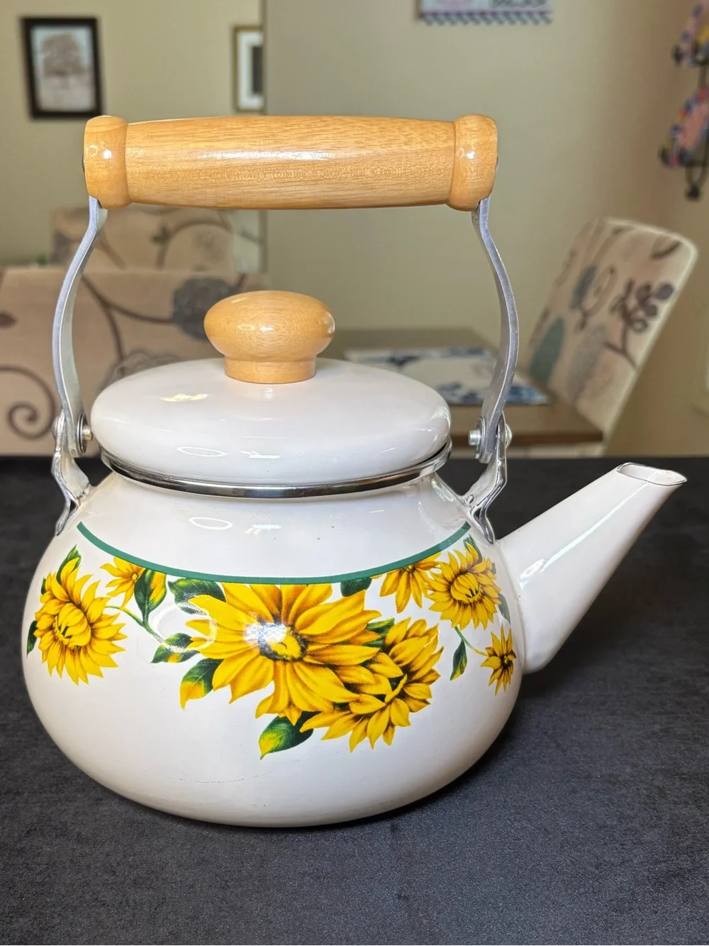 Vintage Teapot Classic White Enamel Body/ Vibrant Sunflower Design